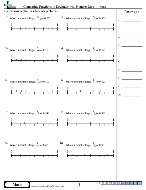 Fraction Worksheets - Comparing Fractions to Decimals with Number Line worksheet